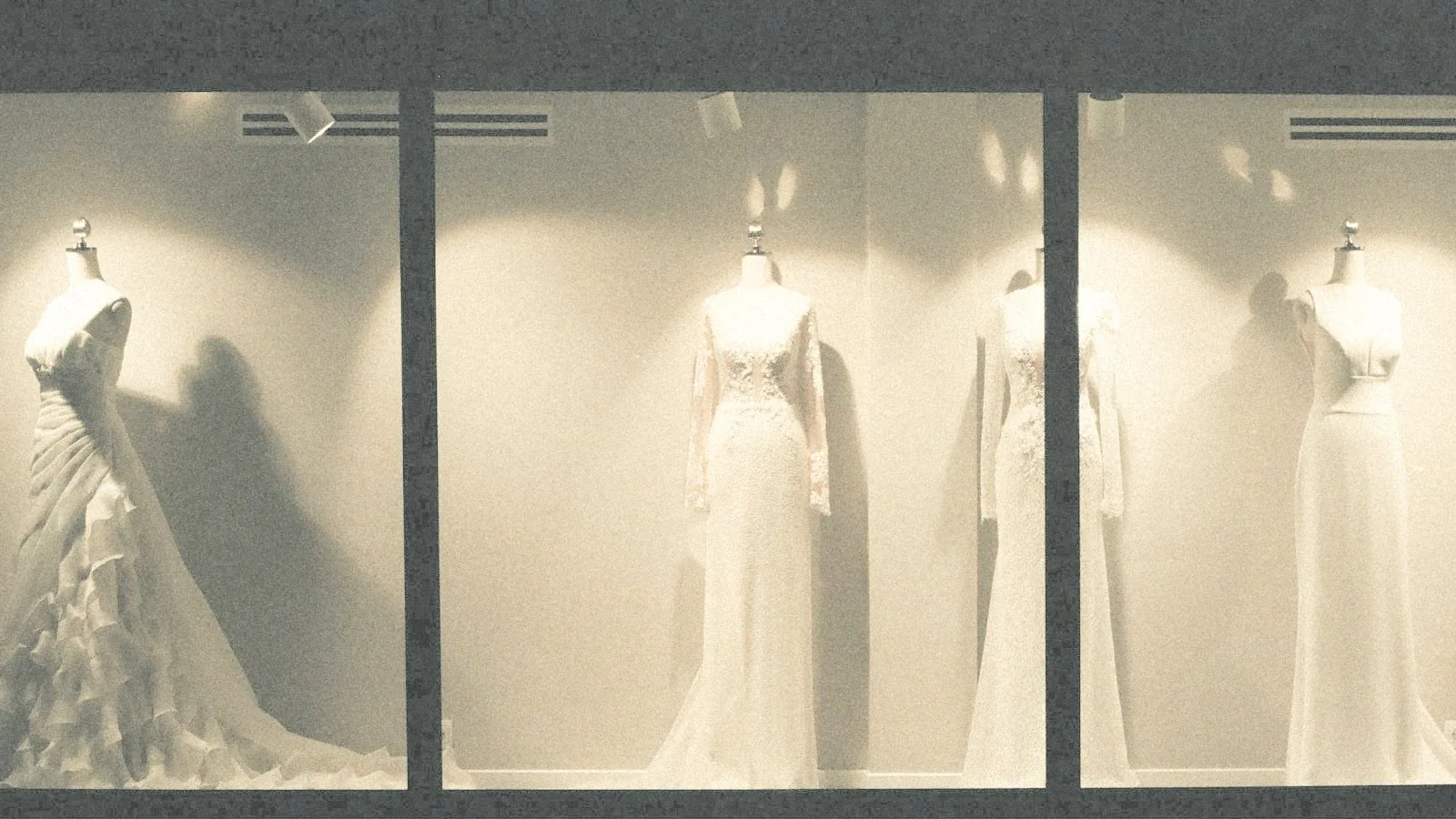 Escaparate iluminado con vestidos de alta costura en maniquíes
